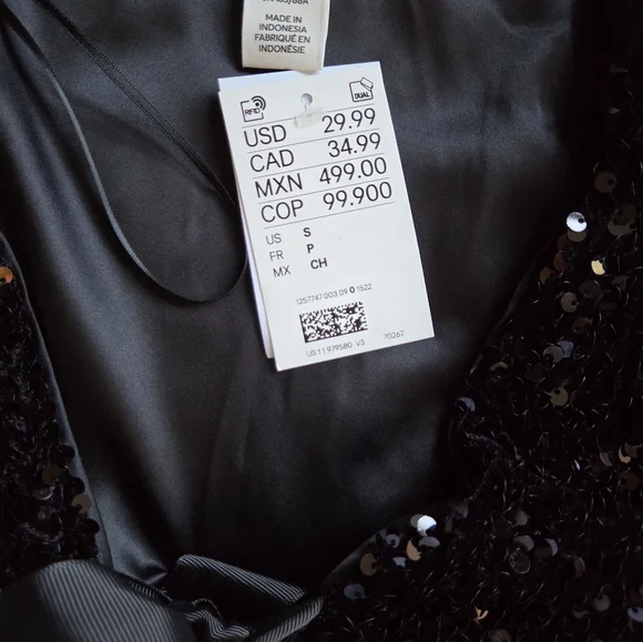 NWT WOMENS H&M BLACK SEQUINS & FRONT BOW CROPPED SHORT SLEEVE EVENING TOP SMALL - Picture 5 of 8